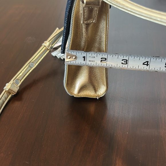 JOSEPH RIBKOFF Patchwork Denim & Metallic Gold Tassel Mini Crossbody Purse - Picture 15 of 15